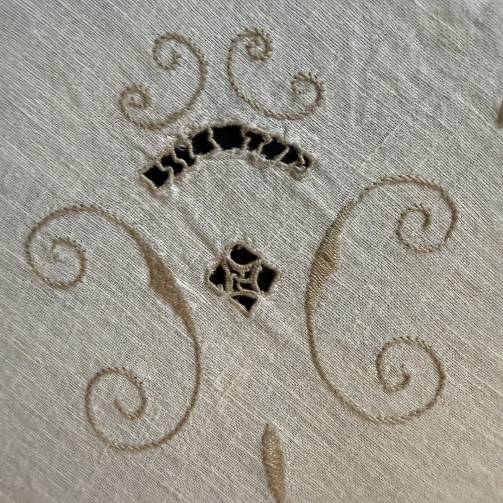 Vintage Off White Linen Square Tablecloth Embroidered Cutwork 33x33 inch
